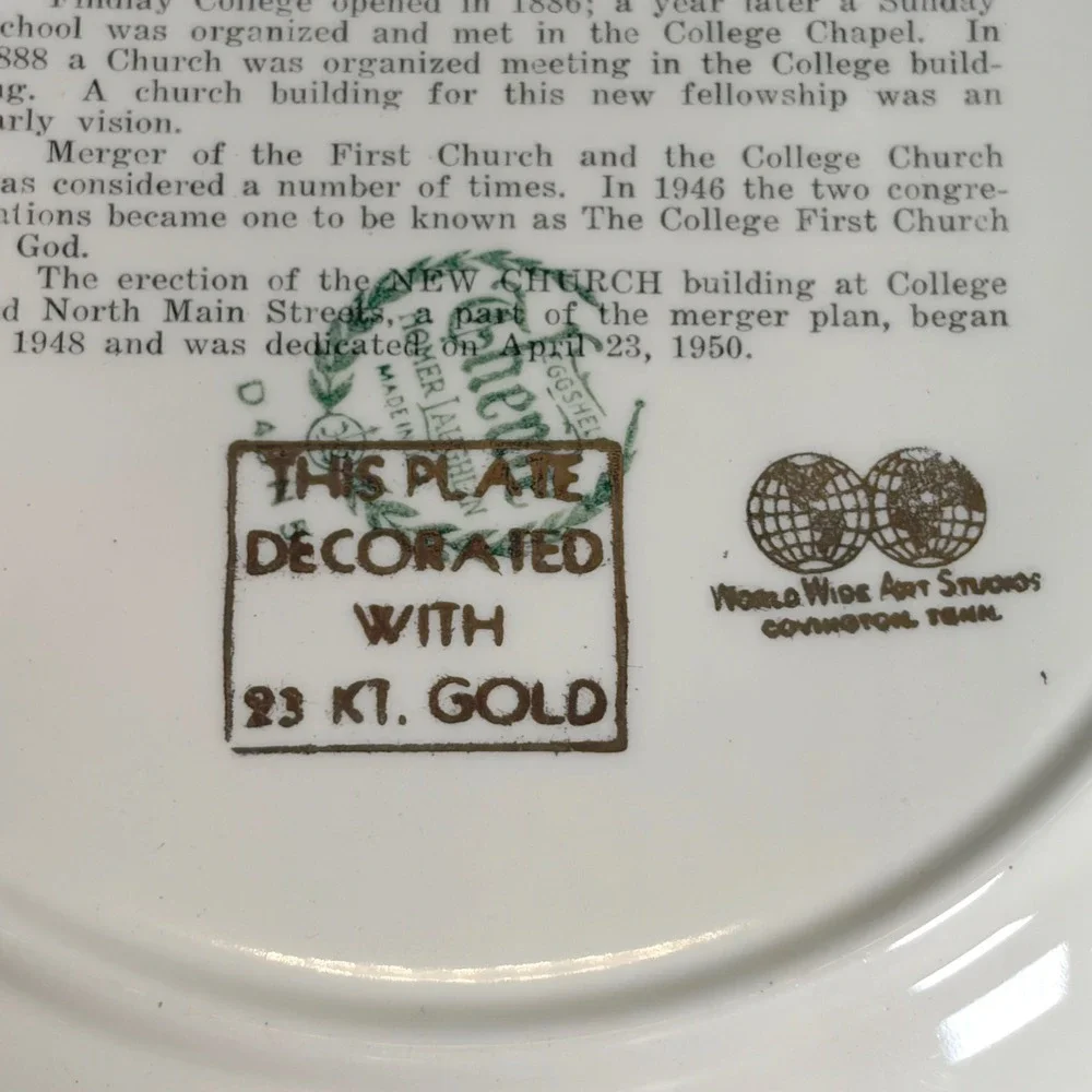 VTG 1950‎ Homer Laughlin Church Plate College First Church of God Findlay OH 23K
